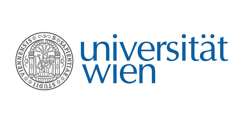 The logo of the university of Vienna. There are blue letters on white ground saying 