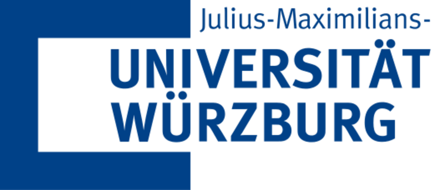 The logo of the university of Würzburg. Blue letters on white ground read 