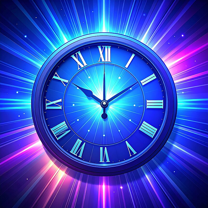 An image of a clock with colorful highlights surrounding it.