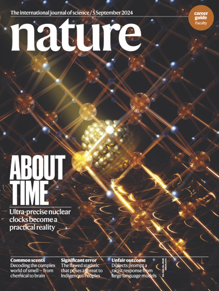 The front cover of the magazine "nature" from September 2024 mentioning the article of Prof. Schumm about nuclear clocks.